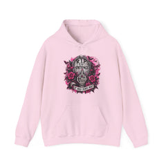 Grim Tombstone Hoodie – "R.I.P Patience" Skeleton Hand & Pink Roses Graphic