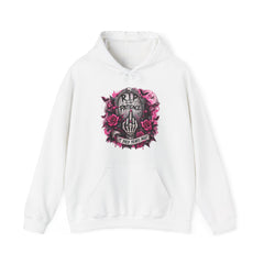 Grim Tombstone Hoodie – "R.I.P Patience" Skeleton Hand & Pink Roses Graphic