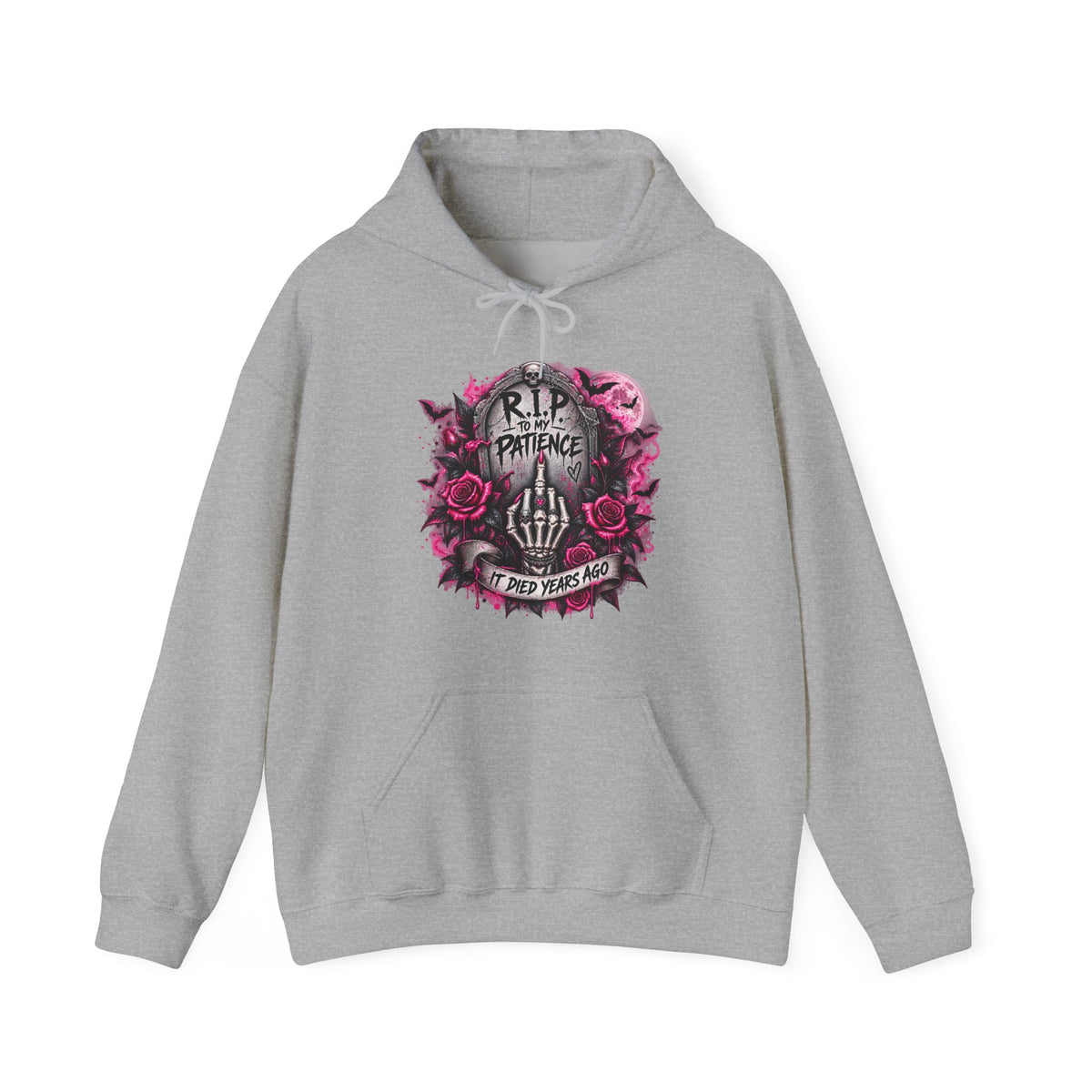 Grim Tombstone Hoodie – "R.I.P Patience" Skeleton Hand & Pink Roses Graphic