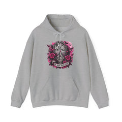 Grim Tombstone Hoodie – "R.I.P Patience" Skeleton Hand & Pink Roses Graphic