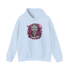 Grim Tombstone Hoodie – "R.I.P Patience" Skeleton Hand & Pink Roses Graphic