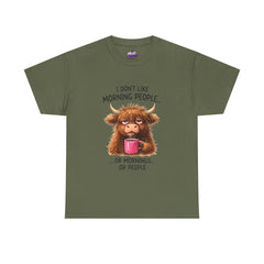 Funny Morning Coffee Tee – “I Don’t Like Morning People…or Mornings…or People” Cow Graphic