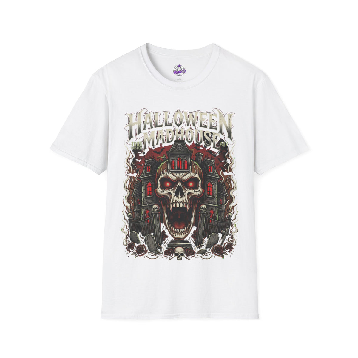 Halloween Madhouse T‑Shirt — Haunted Skull & Mansion Graphic