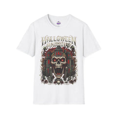 Halloween Madhouse T‑Shirt — Haunted Skull & Mansion Graphic